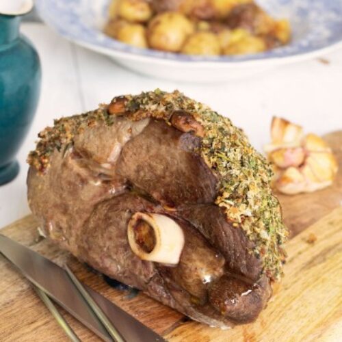 Roast Lamb with Caper & Herb Crust and Pickled Walnut Gravy